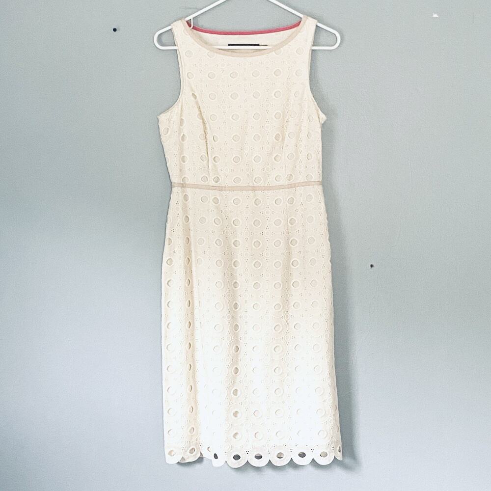 Boden Limited Edition Dress 6 Cream Eyelet Sleeveless Scalloped Sheath Preppy